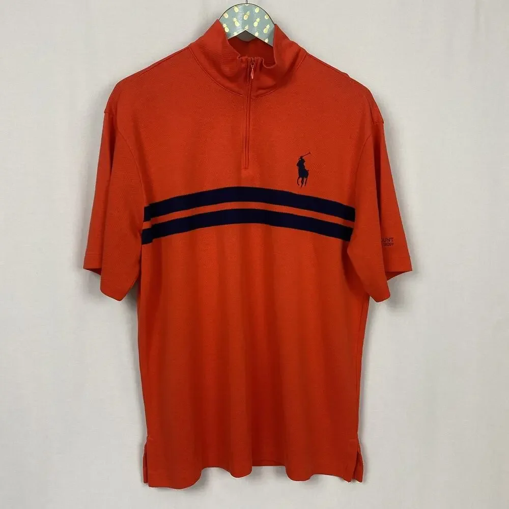 Polo Ralph Lauren Polo Shirt Mens Large Big Pony Quarter Zip Stripe Rugby Orange